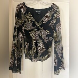 Vintage Nicole Miller Black and Beige Patterned Women's Top